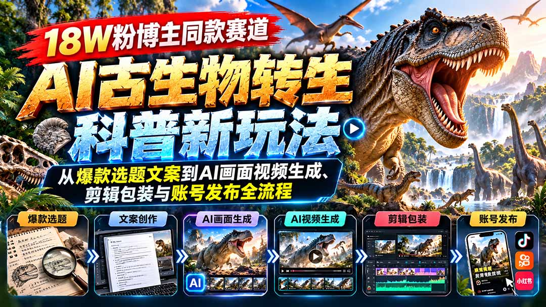 18W粉博主同款赛道-AI古生物转生科普新玩法：从爆款选题文案到AI画面视频生成、剪辑包装与账号发布全流程-创业网 - 最新网络创业项目与实战营销教程平台 | cye.cc