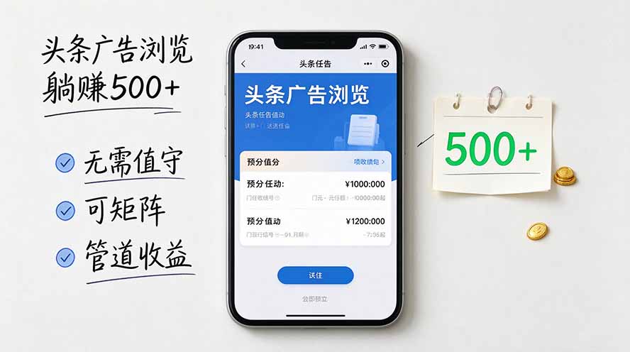 头条广告浏览躺赚500+无需值守，可矩阵并附有管道收益-创业网 - 最新网络创业项目与实战营销教程平台 | cye.cc