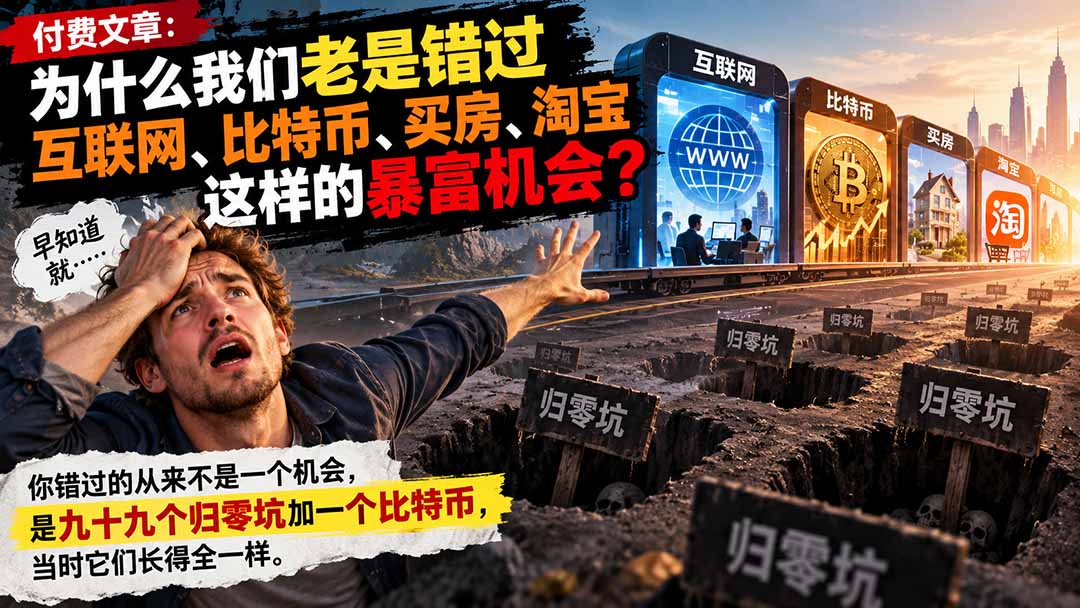 付费文章：为什么我们老是错过互联网、比特币、买 房、淘宝这样的暴富机会？-创业网 - 最新网络创业项目与实战营销教程平台 | cye.cc