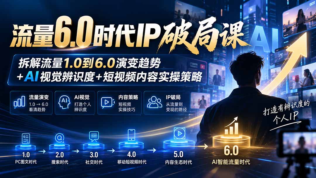 流量6.0时代IP破局课：拆解流量1.0到6.0演变趋势+AI视觉辨识度+短视频内容实操策略-创业网 - 最新网络创业项目与实战营销教程平台 | cye.cc