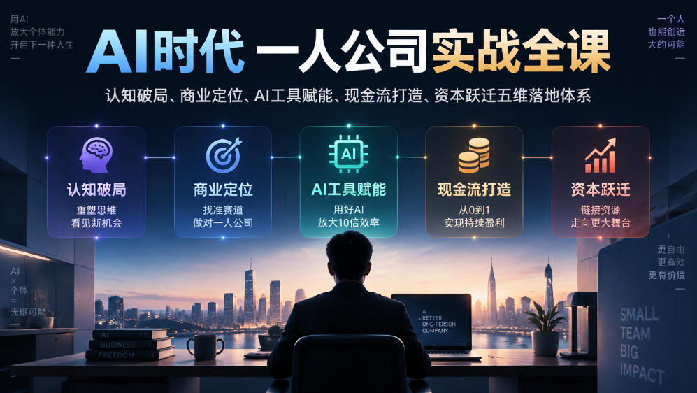 AI时代一人公司实战全课｜认知破局、商业定位、AI工具赋能、现金流打造、资本跃迁五维落地体系-创业网 - 最新网络创业项目与实战营销教程平台 | cye.cc