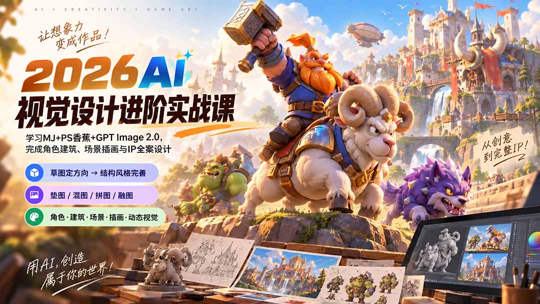 2026AI视觉设计进阶实战课-更新1007：学习MJ+PS香蕉+GPT Image 2.0，完成角色建筑、场景插画与IP全案设计-创业网 - 最新网络创业项目与实战营销教程平台 | cye.cc
