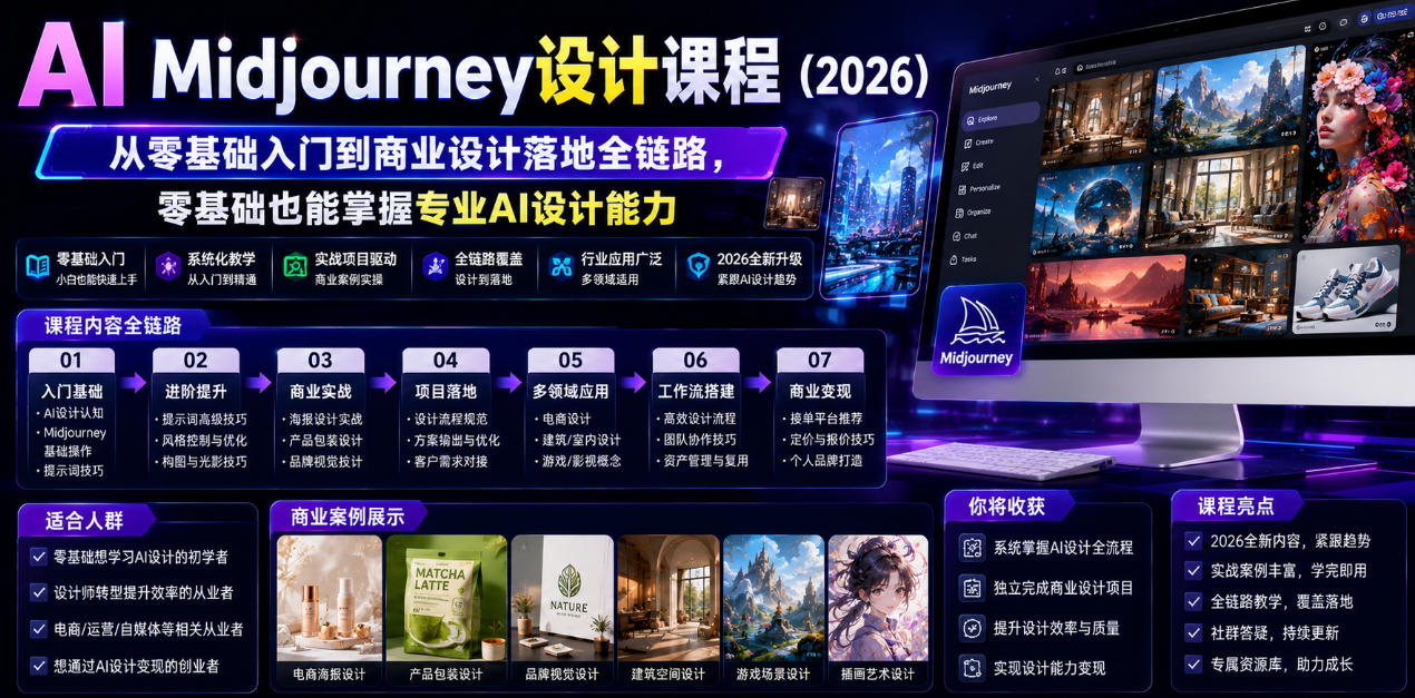 AI Midjourney设计课程(2026)，从零基础入门到商业设计落地全链路，零基础也能掌握专业AI设计能力(更新1007)-创业网 - 最新网络创业项目与实战营销教程平台 | cye.cc