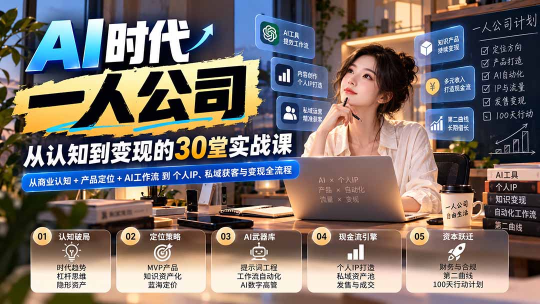 【无水印】AI时代一人公司30堂实战课：从商业认知+产品定位+AI工作流到个人IP、私域获客与变现全流程-创业网 - 最新网络创业项目与实战营销教程平台 | cye.cc