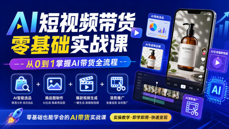 AI短视频带货零基础实战课｜AI智能选品+商品图制作+爆款视频生成+混剪推广，从0到1掌握AI带货全流程-创业网 - 最新网络创业项目与实战营销教程平台 | cye.cc