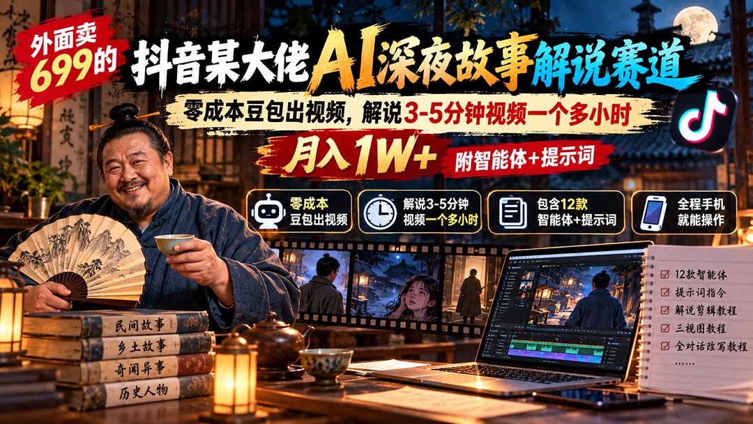 外面卖699抖音某大佬AI深夜故事解说赛道-更新：0成本豆包出视频+解说3-5分钟视频一个多小时，月入1W+附智能体+提示词-创业网 - 最新网络创业项目与实战营销教程平台 | cye.cc