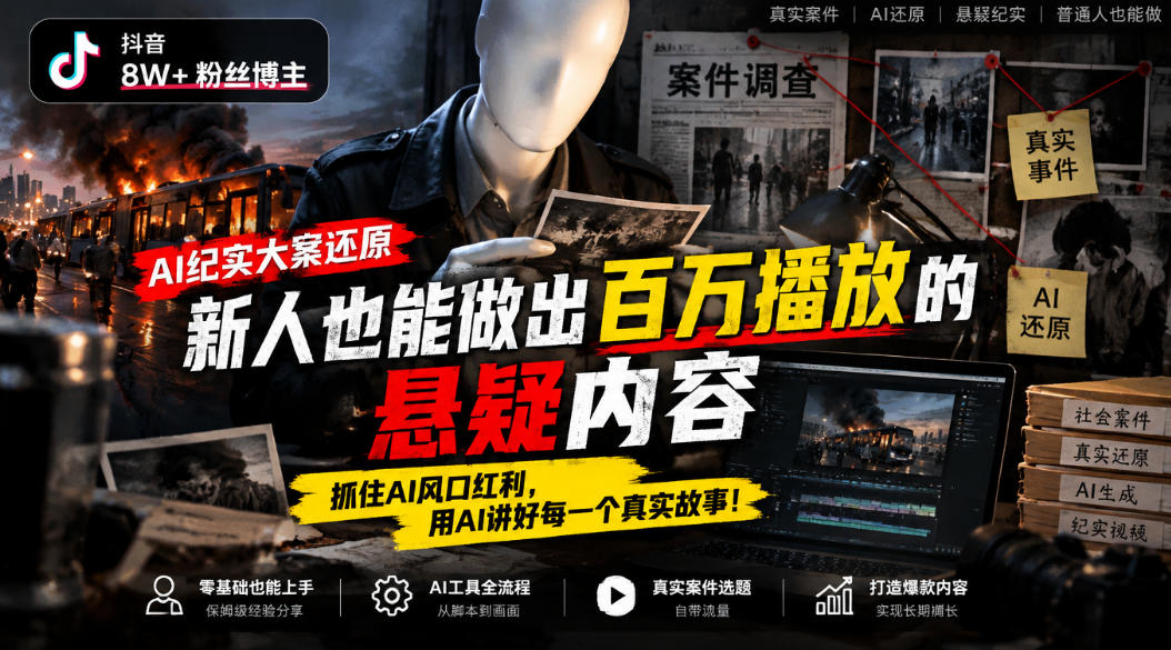 抖音8W粉丝博主的AI纪实大案还原教学，新人也能做出百W播放的悬疑内容，抓住AI风口红利，用AI讲好每一个真实故事-创业网 - 最新网络创业项目与实战营销教程平台 | cye.cc