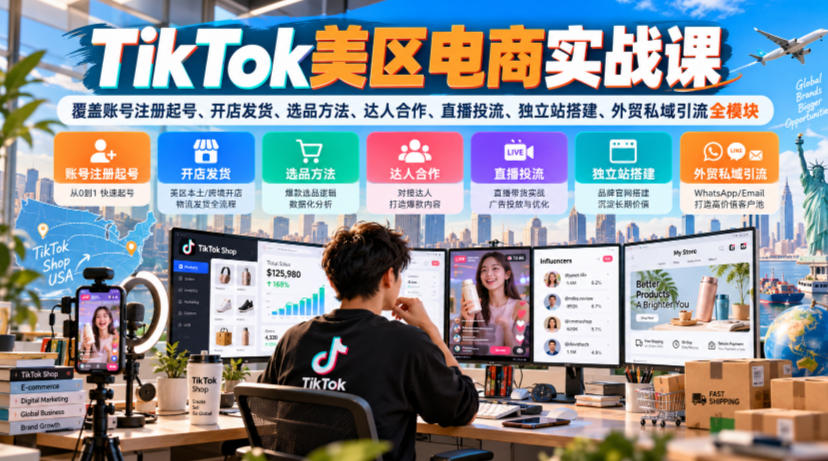 TikTok美区电商实战课，覆盖账号注册起号、开店发货、选品方法、达人合作、直播投流、独立站搭建、外贸私域引流全模块-创业网 - 最新网络创业项目与实战营销教程平台 | cye.cc