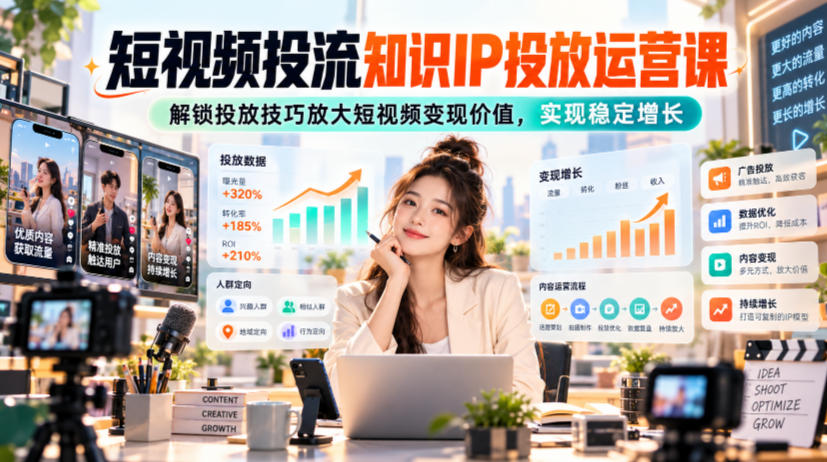 短视频投流知识IP投放运营课，解锁投放技巧放大短视频变现价值，实现稳定增长-创业网 - 最新网络创业项目与实战营销教程平台 | cye.cc