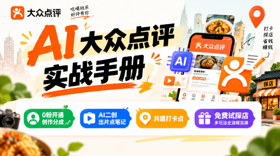 某局的AI大众点评实战手册，0粉开通创作分成、AI二创出片点笔记、共建打卡点、免费试探店多玩法全流程实操-创业网 - 最新网络创业项目与实战营销教程平台 | cye.cc