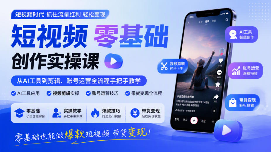 短视频零基础创作实操课，从AI工具到剪辑、账号运营全流程手把手教学，零基础也能做爆款短视频带货变现-创业网 - 最新网络创业项目与实战营销教程平台 | cye.cc