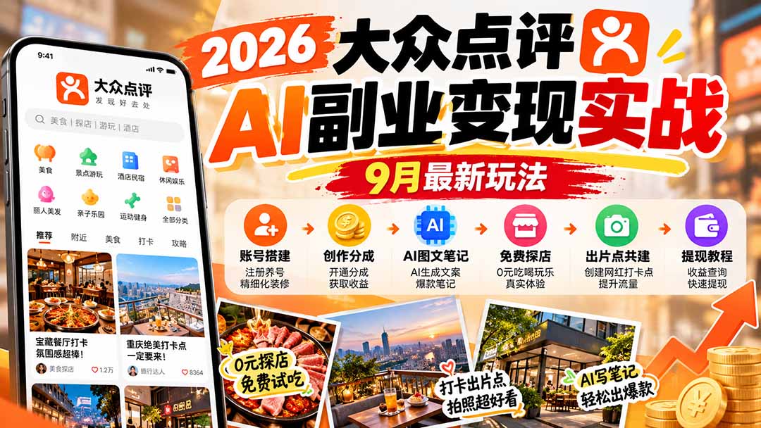 2026大众点评AI副业变现实战9月最新玩法：账号搭建+创作分成+AI图文笔记+免费探店+出片点共建与提现教程-创业网 - 最新网络创业项目与实战营销教程平台 | cye.cc