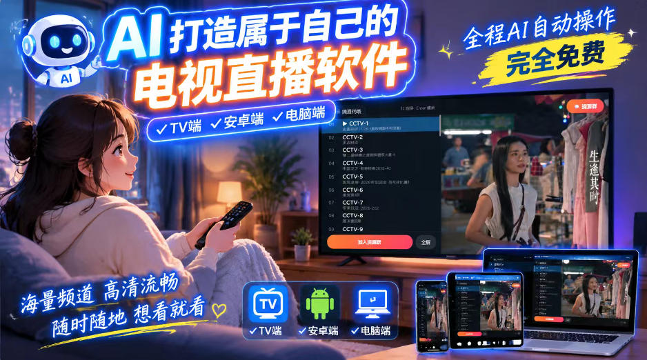一个提示词，AI全自动做出电视直播软件，电脑、安卓、电视三端通用，完全免费，画质流畅不卡顿-创业网 - 最新网络创业项目与实战营销教程平台 | cye.cc