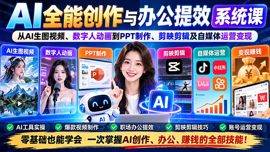 AI全能创作与办公提效系统课：从AI生图视频、数字人动画到PPT制作、剪映剪辑及自媒体运营变现-创业网 - 最新网络创业项目与实战营销教程平台 | cye.cc