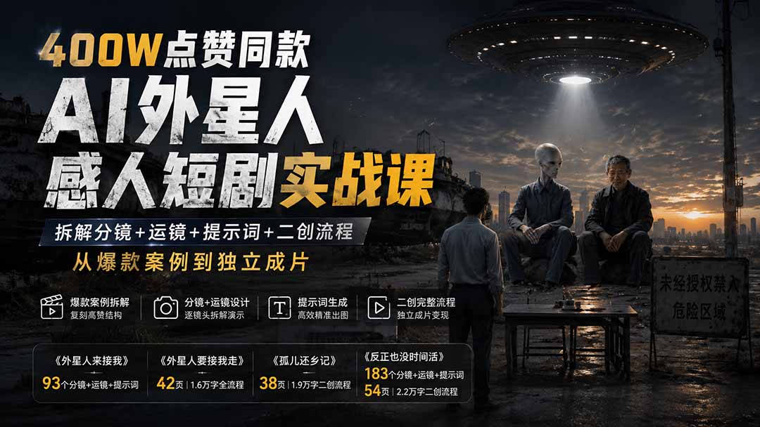 400W点赞同款AI外星人感人短剧实战课-更新1009：拆解分镜+运镜+提示词+二创流程，从爆款案例到独立成片-创业网 - 最新网络创业项目与实战营销教程平台 | cye.cc