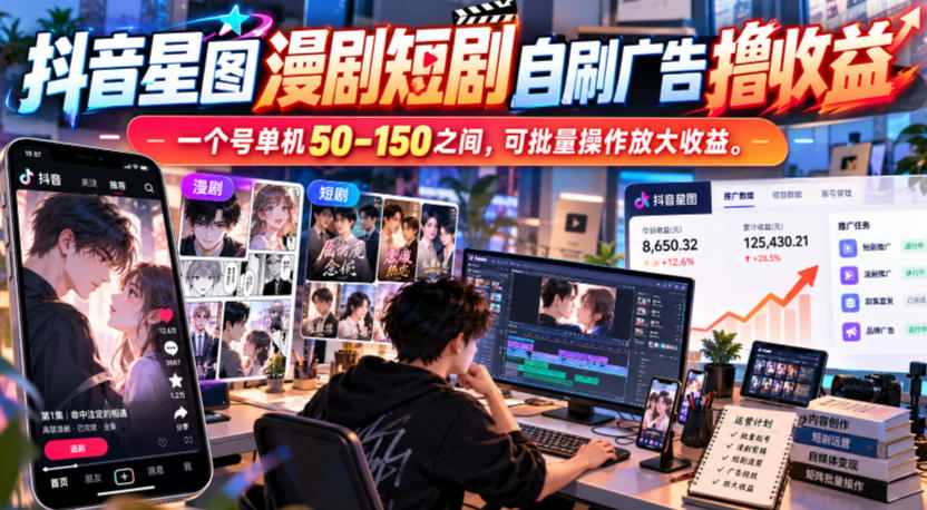 抖音星图漫剧短剧自刷广告撸收益，一个号单机50-150之间，可批量操作放大收益-创业网 - 最新网络创业项目与实战营销教程平台 | cye.cc