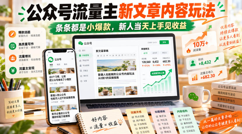 公众号流量主新文章内容玩法，条条都是小爆款，新人当天上手见收益-创业网 - 最新网络创业项目与实战营销教程平台 | cye.cc
