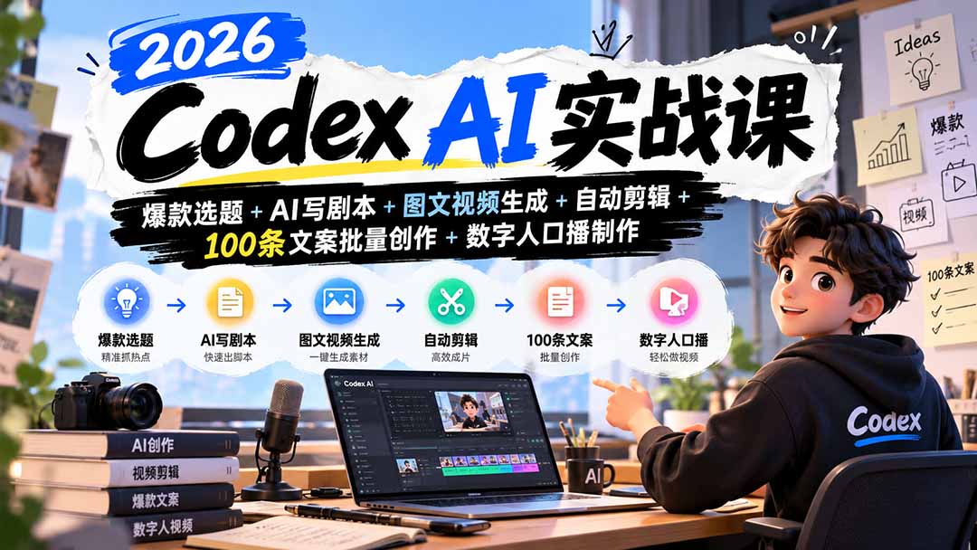 2026Codex AI实战课：爆款选题+AI写剧本+图文视频生成+自动剪辑+100条文案批量创作+数字人口播制作-创业网 - 最新网络创业项目与实战营销教程平台 | cye.cc