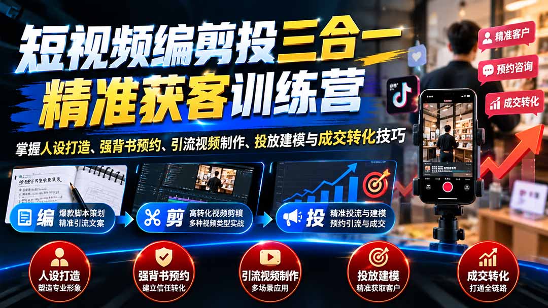 短视频编剪投三合一精准获客训练营：掌握人设打造、强背书预约、引流视频制作、投放建模与成交转化技巧-创业网 - 最新网络创业项目与实战营销教程平台 | cye.cc