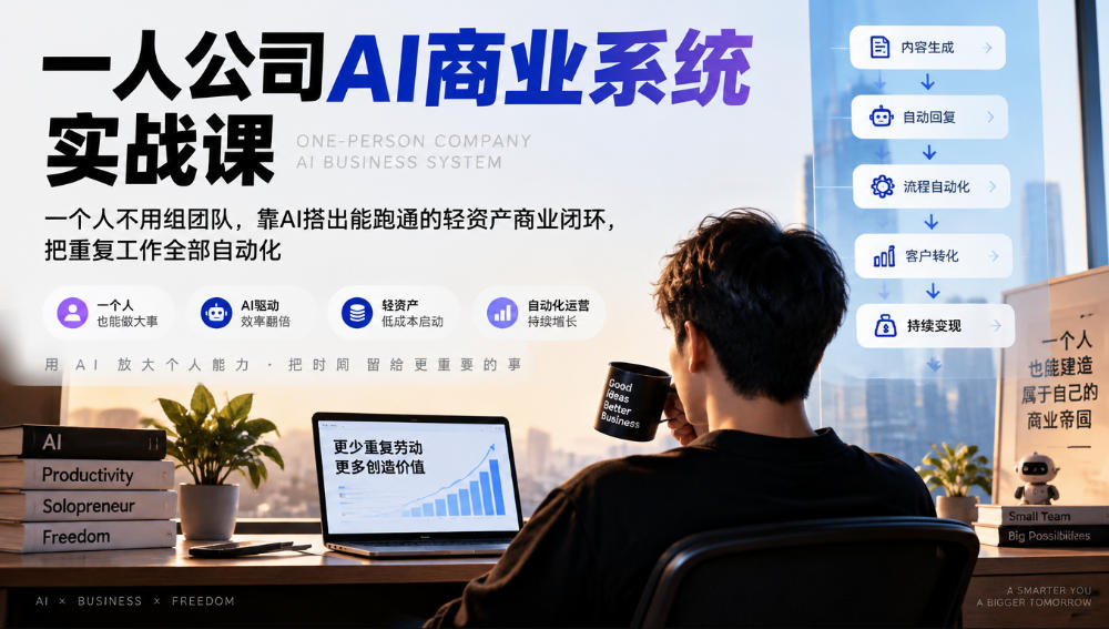 一人公司AI商业系统实战课，一个人不用组团队，靠AI搭出能跑通的轻资产商业闭环，把重复工作全部自动化-创业网 - 最新网络创业项目与实战营销教程平台 | cye.cc
