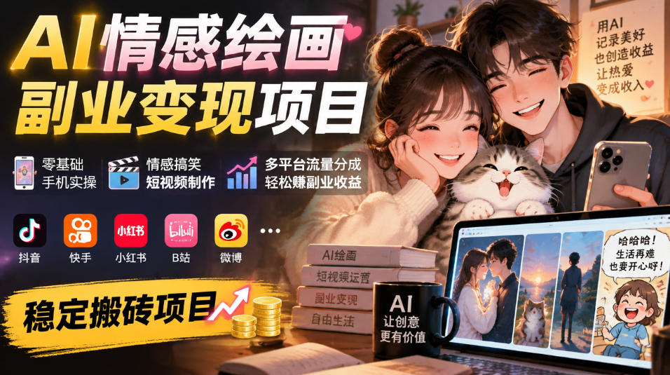AI情感绘画副业变现项目｜零基础手机实操，情感搞笑短视频制作，多平台流量分成轻松賺副业收益-创业网 - 最新网络创业项目与实战营销教程平台 | cye.cc