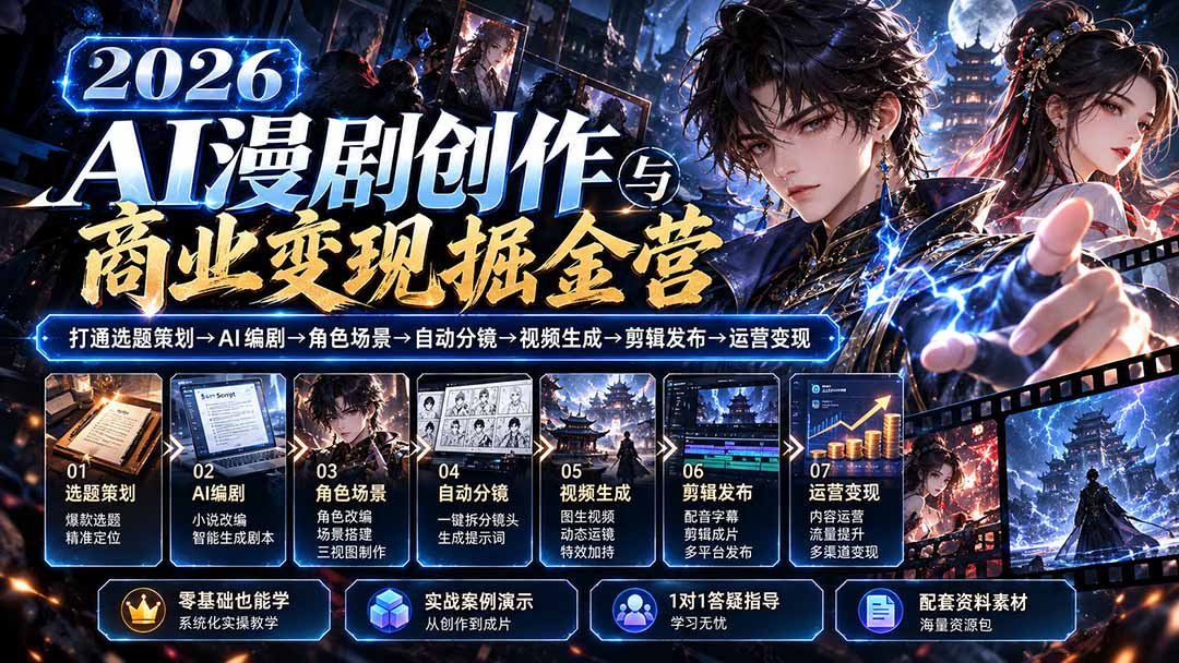 【无水印】2026AI漫剧创作与商业变现掘金营：打通选题→AI编剧→角色场景→自动分镜→视频生成→剪辑发布→运营变现-创业网 - 最新网络创业项目与实战营销教程平台 | cye.cc
