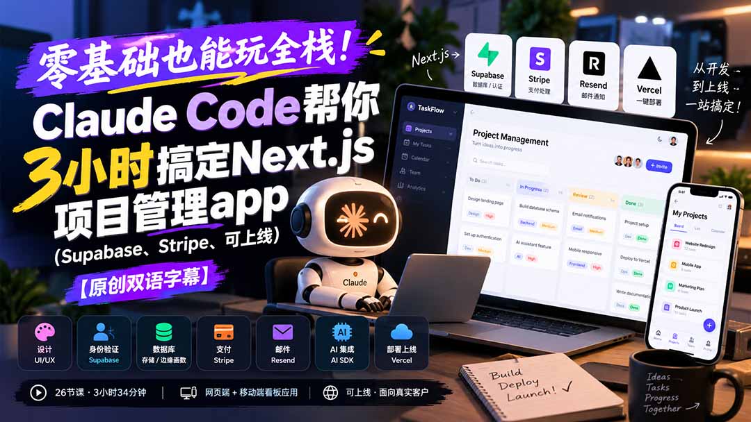 零基础也能玩全栈！Claude Code帮你3小时搞定Next.js项目管理app(Supabase、Stripe、可上线-创业网 - 最新网络创业项目与实战营销教程平台 | cye.cc