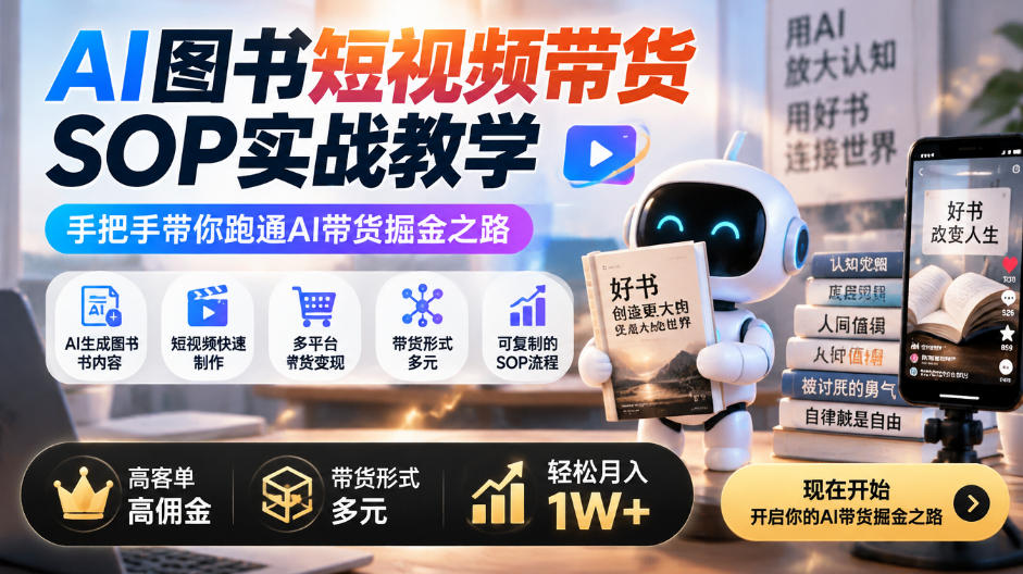 AI图书短视频带货SOP实战教学，手把手带你跑通AI带货掘金之路，高客单高佣金，带货形式多元，轻松月入1W+-创业网 - 最新网络创业项目与实战营销教程平台 | cye.cc