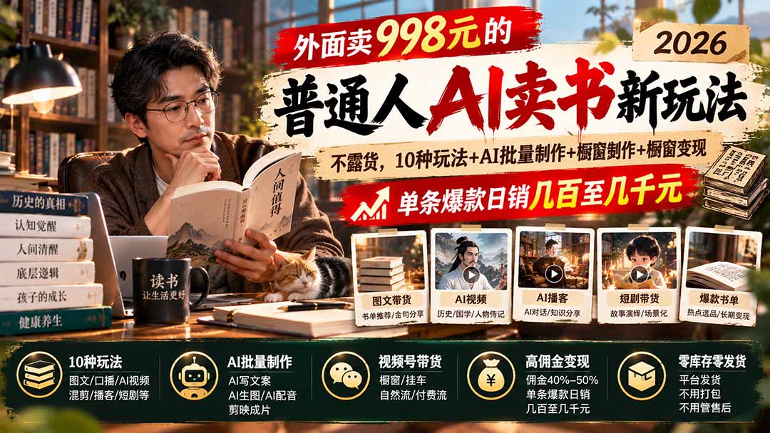 外面卖998元的2026普通人AI卖书新玩法：不露脸、不囤货，10种玩法+AI批量制作+橱窗变现，单条爆款日销几百至几千元-创业网 - 最新网络创业项目与实战营销教程平台 | cye.cc