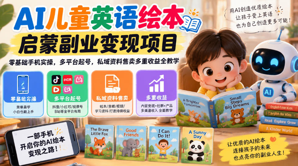 AI儿童英语绘本启蒙副业变现项目，零基础手机实操，多平台起号，私域资料售卖多重收益全教学-创业网 - 最新网络创业项目与实战营销教程平台 | cye.cc