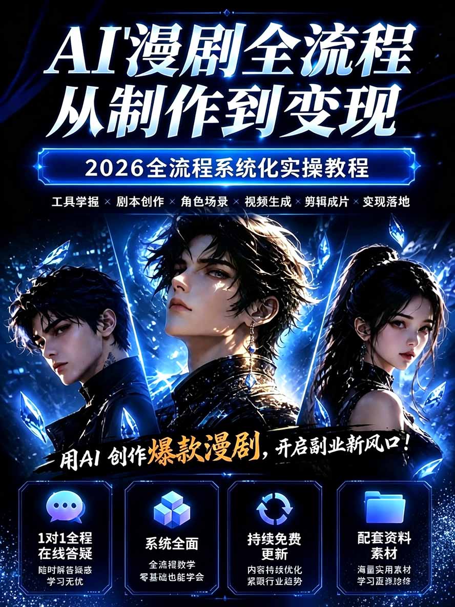 图片[1]-【无水印】2026AI漫剧创作与商业变现掘金营：打通选题→AI编剧→角色场景→自动分镜→视频生成→剪辑发布→运营变现-创业网 - 最新网络创业项目与实战营销教程平台 | cye.cc