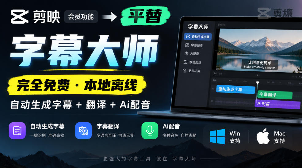 剪映会员功能平替，字幕大师完全免费本地离线，支持自动生成字幕+翻译+Ai配音，Win和Mac都支持！-创业网 - 最新网络创业项目与实战营销教程平台 | cye.cc