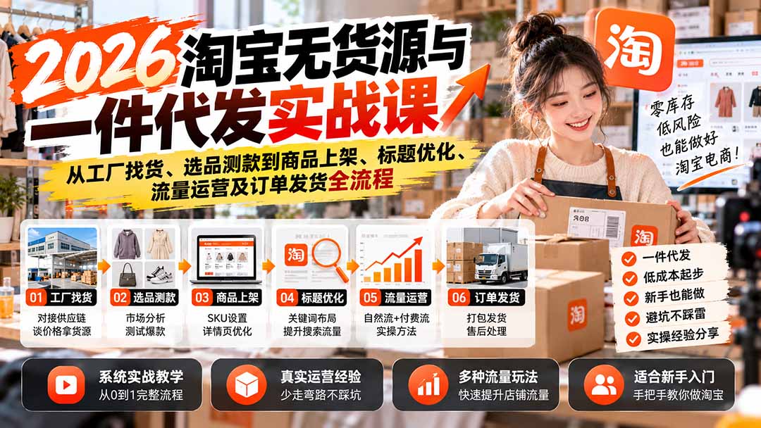 2026淘宝无货源与一件代发实战课：从工厂找货、选品测款到商品上架、标题优化、流量运营及订单发货全流程-创业网 - 最新网络创业项目与实战营销教程平台 | cye.cc