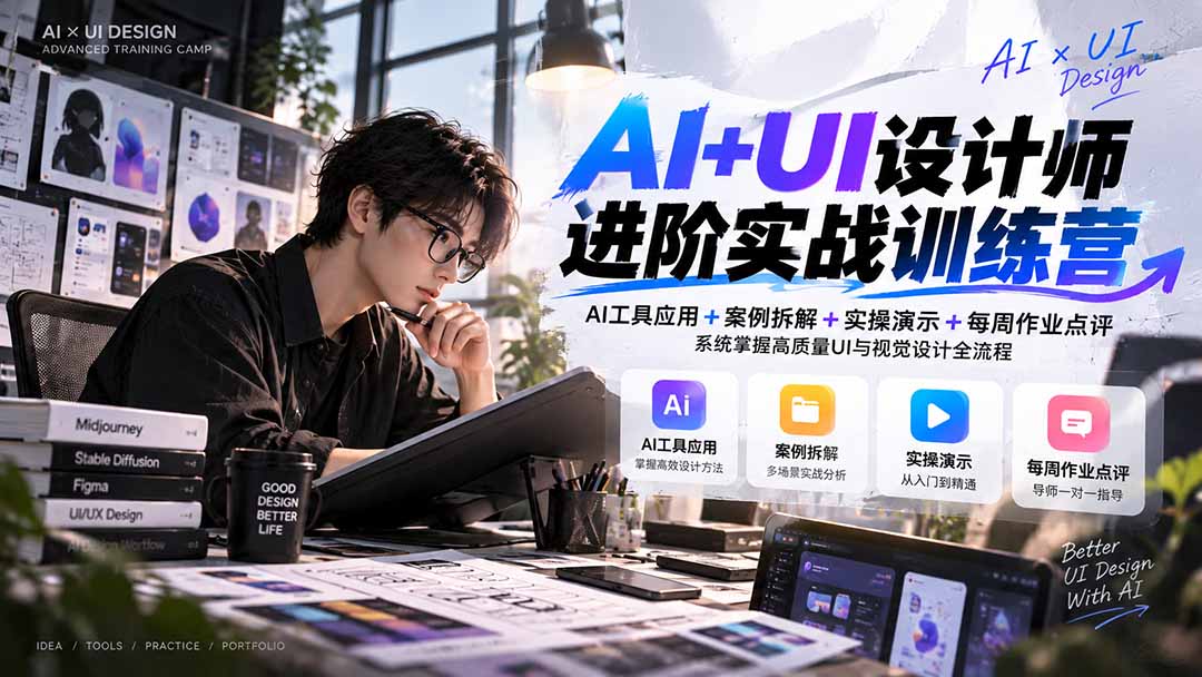 【无水印】AI+UI设计师进阶训练营-第4期：AI工具应用+案例拆解+实操演示+作业点评，掌握高质量UI与视觉设计全流程-创业网 - 最新网络创业项目与实战营销教程平台 | cye.cc