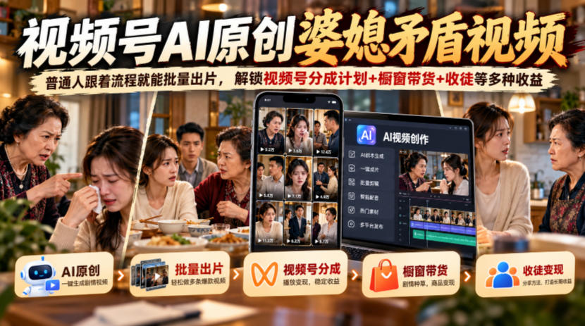 视频号ai原创婆媳矛盾视频，普通人跟着流程就能批量出片，解锁视频号分成计划+橱窗带货+收徒等多种收益-创业网 - 最新网络创业项目与实战营销教程平台 | cye.cc