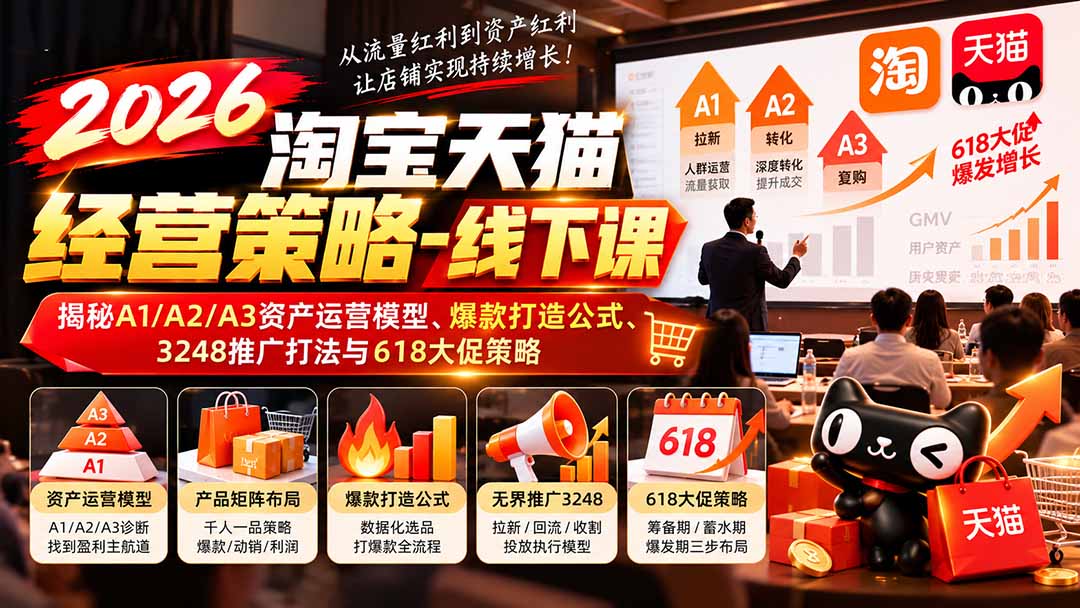 2026淘宝天猫经营策略-线下课：揭秘A1/A2/A3资产运营模型、爆款打造公式、3248推广打法与618大促策略-创业网 - 最新网络创业项目与实战营销教程平台 | cye.cc