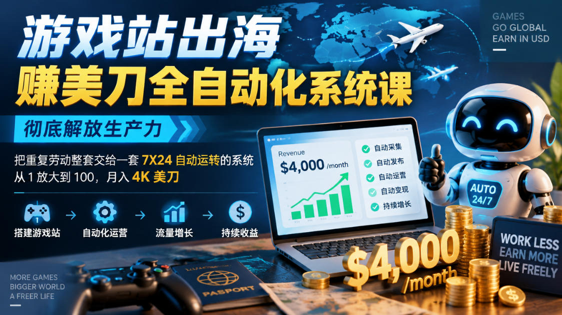 游戏站出海賺美刀全自动化系统课，彻底解放生产力–把重复劳动整套交给一套7X24自动运转的系统，从1放大到100，月入4K美刀-创业网 - 最新网络创业项目与实战营销教程平台 | cye.cc