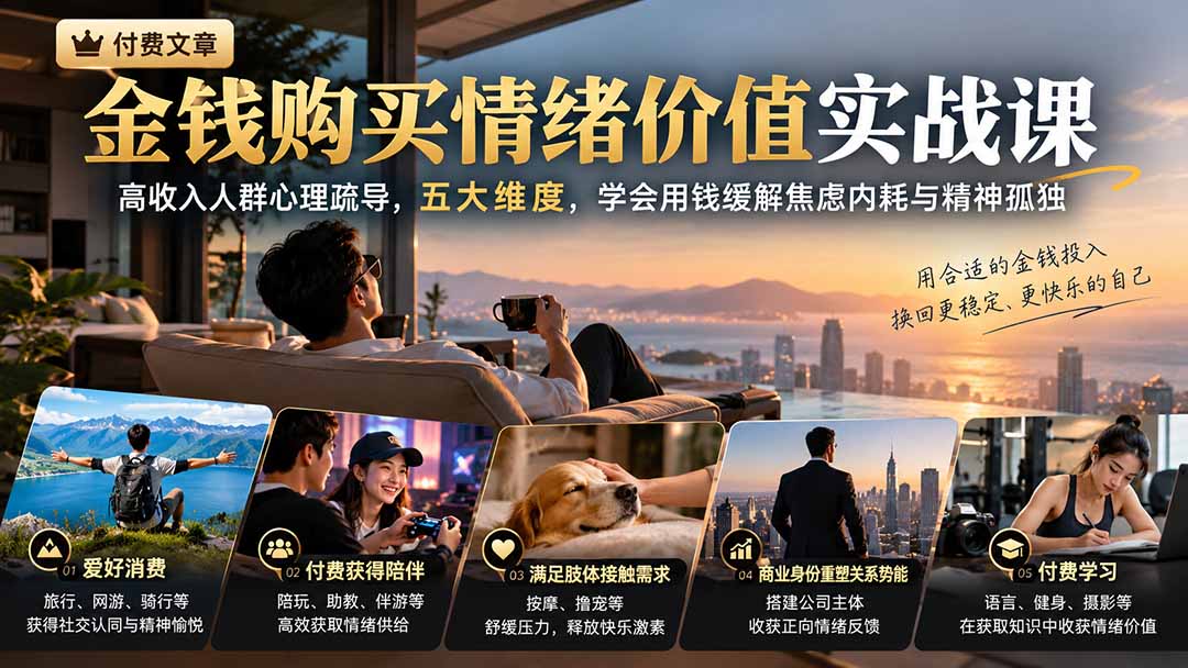 付费文章：金钱购买情绪价值实战课｜高收入人群心理疏导，五大维度，学会用钱缓解焦虑内耗与精神孤独-创业网 - 最新网络创业项目与实战营销教程平台 | cye.cc