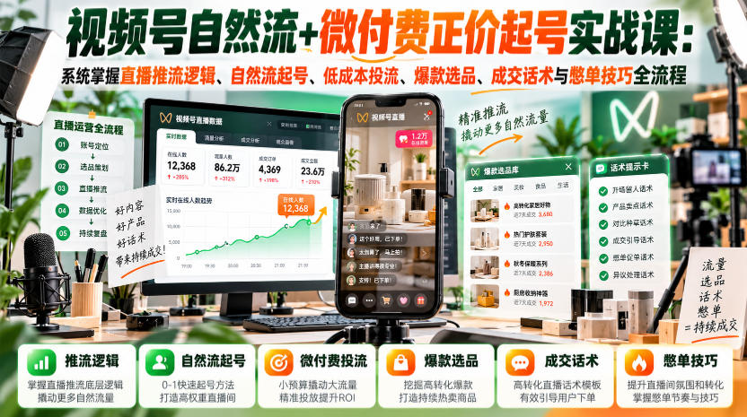 视频号自然流+微付费正价起号实战课：系统掌握直播推流逻辑、自然流起号、低成本投流、爆款选品、成交话术与憋单技巧全流程-创业网 - 最新网络创业项目与实战营销教程平台 | cye.cc