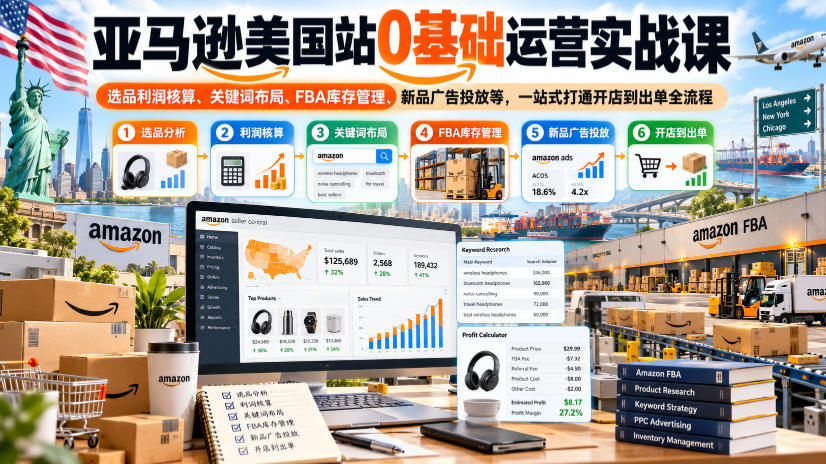 亚马逊美国站0基础运营实战课｜选品利润核算、关键词布局、FBA库存管理、新品广告投放等，一站式打通开店到出单全流程-创业网 - 最新网络创业项目与实战营销教程平台 | cye.cc