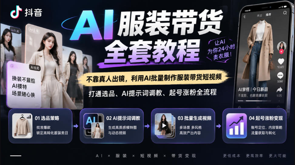 抖音AI服装带货全套教程，不靠真人出镜，利用AI批量制作服装带货短视频，打通选品、AI提示词调教、起号涨粉全流程-创业网 - 最新网络创业项目与实战营销教程平台 | cye.cc
