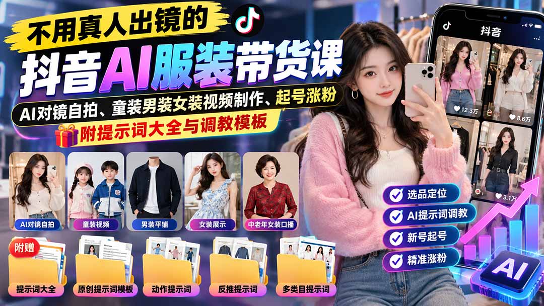 不用真人出镜的抖音AI服装带货课：AI对镜自拍、童装男装女装视频制作、起号涨粉，附提示词大全与调教模板-创业网 - 最新网络创业项目与实战营销教程平台 | cye.cc