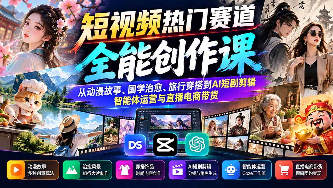 短视频热门赛道全能创作课：从动漫故事、国学治愈、旅行穿搭到AI短剧剪辑、智能体运营与直播电商带货-创业网 - 最新网络创业项目与实战营销教程平台 | cye.cc