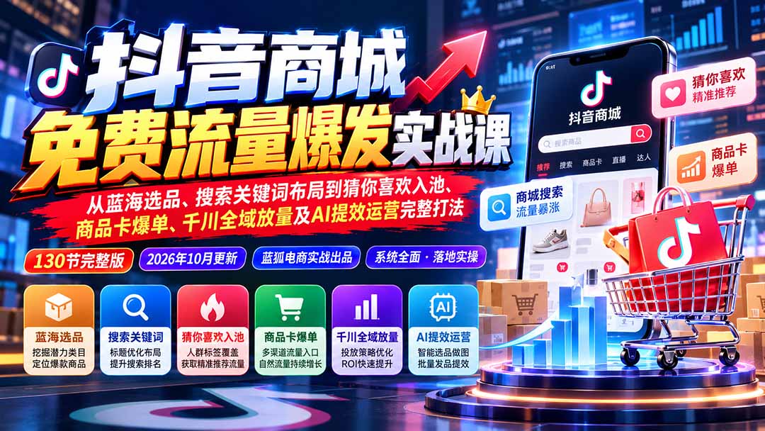 抖音商城免费流量爆发实战：从蓝海选品、搜索关键词布局到猜你喜欢入池、商品卡爆单、千川全域放量及AI提效完整打法-创业网 - 最新网络创业项目与实战营销教程平台 | cye.cc