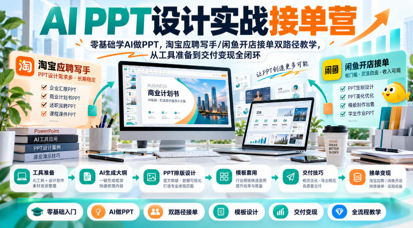 AI PPT设计实战接单营｜零基础学AI做PPT，淘宝应聘写手/闲鱼开店接单双路径教学，从工具准备到交付变现全闭环-创业网 - 最新网络创业项目与实战营销教程平台 | cye.cc
