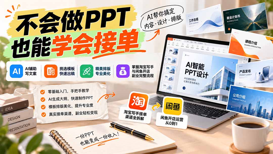 不会做PPT也能学会接单：AI辅助写文案、挑模板、做排版，掌握淘宝写手与闲鱼开店副业完整流程-创业网 - 最新网络创业项目与实战营销教程平台 | cye.cc