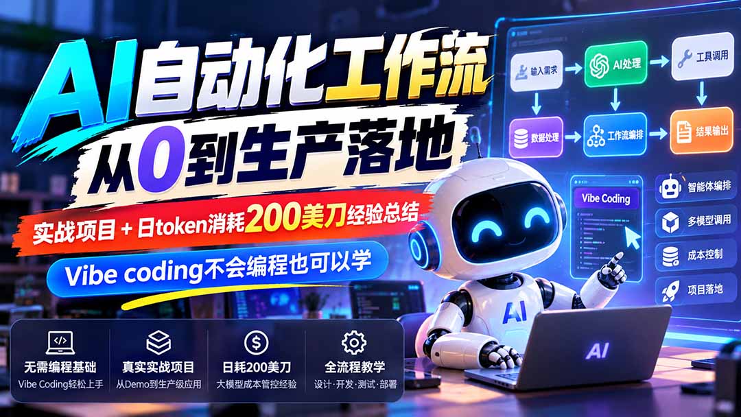 【无水印】AI自动化工作流从0到生产落地，实战项目+日token消耗200美刀经验总结，Vibe coding不会编程也可以学-创业网 - 最新网络创业项目与实战营销教程平台 | cye.cc