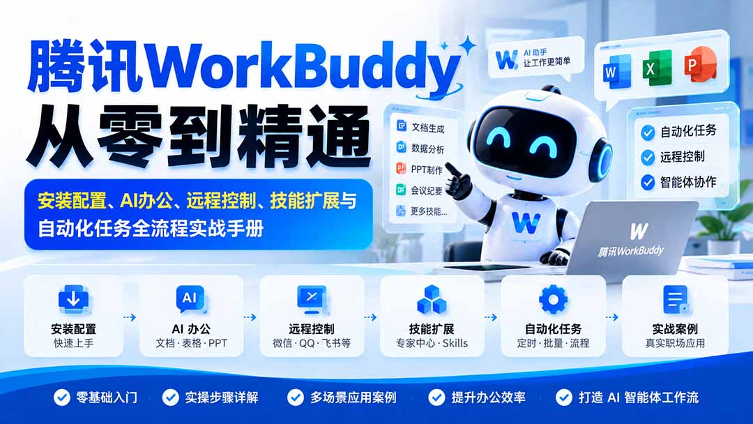 腾讯WorkBuddy从零到精通：安装配置、AI办公、远程控制、技能扩展与自动化任务全流程实战手册-创业网 - 最新网络创业项目与实战营销教程平台 | cye.cc