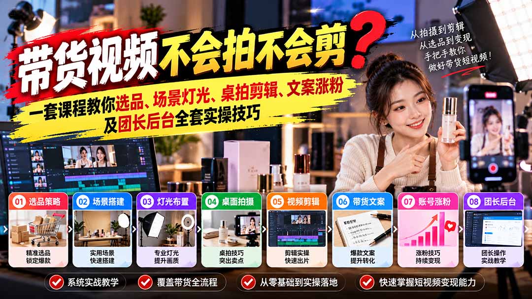 带货视频不会拍不会剪？一套课程教你选品、场景灯光、桌拍剪辑、文案涨粉及团长后台全套实操技巧  复制标题-创业网 - 最新网络创业项目与实战营销教程平台 | cye.cc