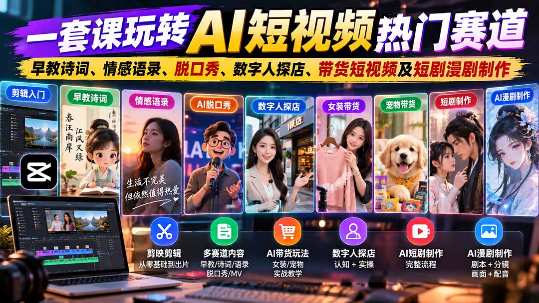 一套课玩转AI短视频热门赛道：早教诗词、情感语录、脱口秀、数字人探店、带货短视频及短剧漫剧制作  复制标题-创业网 - 最新网络创业项目与实战营销教程平台 | cye.cc